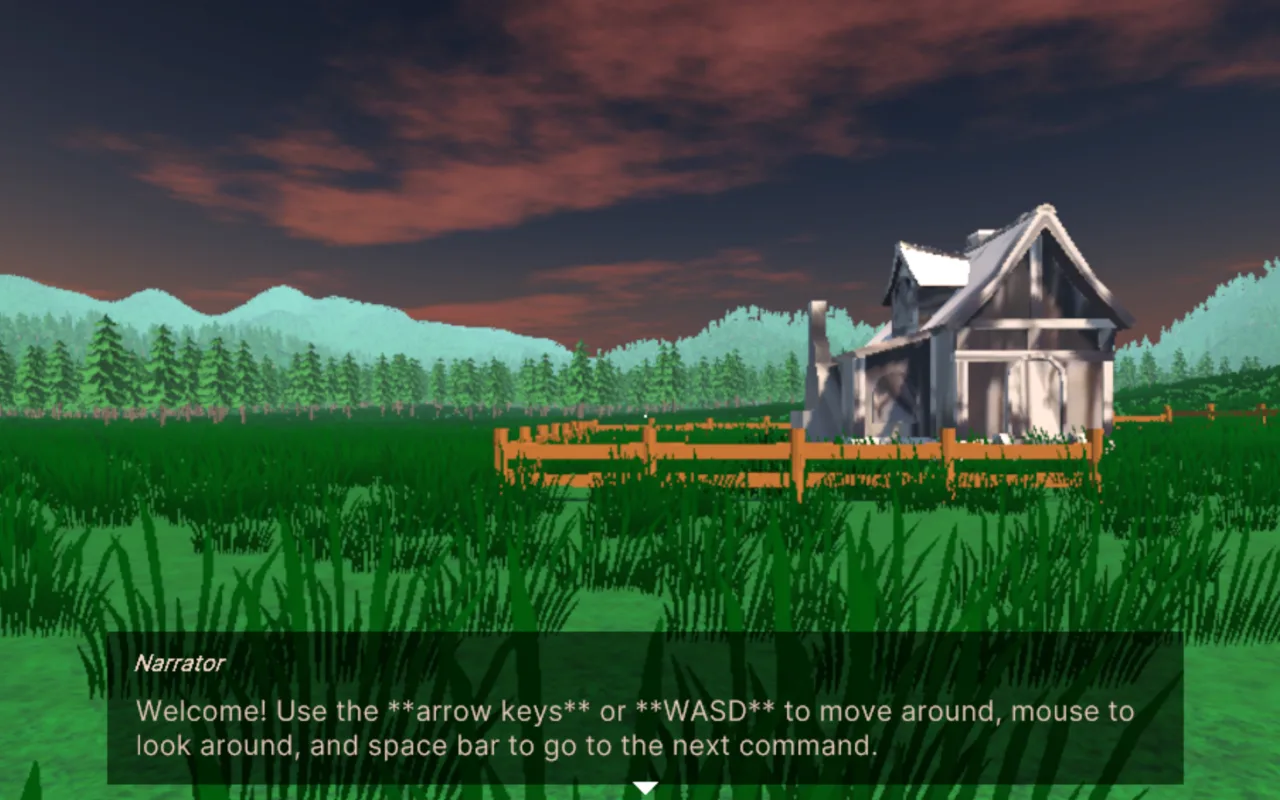 Crowdsource — in-game view of a farmhouse scene with narrator dialogue